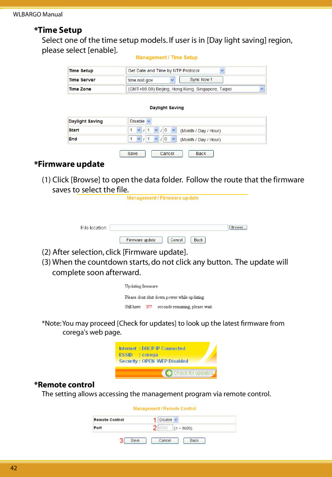 Allied Telesis CG-WLBARGO user manual Time Setup, Firmware update, Remote control 