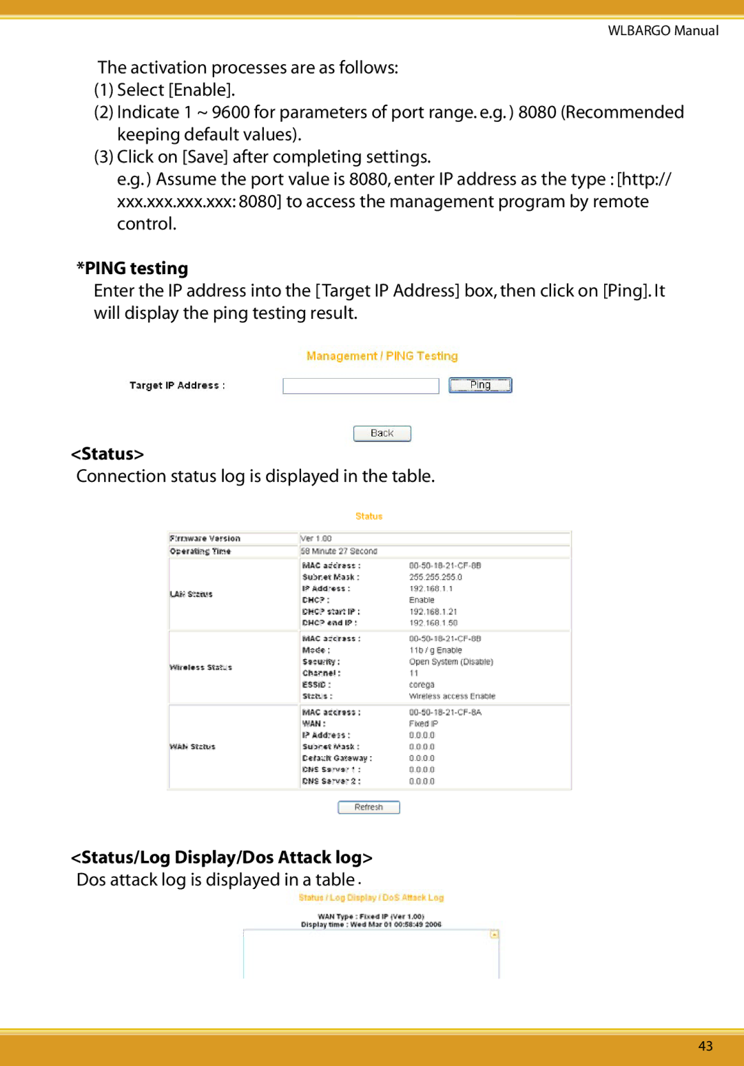 Allied Telesis CG-WLBARGO user manual Ping testing, Status/Log Display/Dos Attack log 