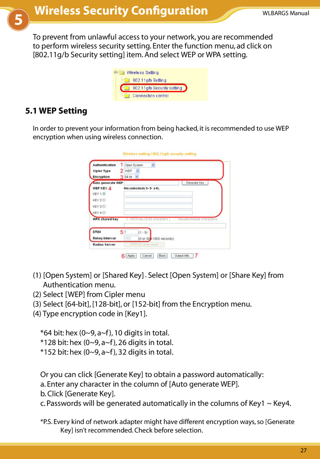 Allied Telesis CG-WLBARGS manual Wireless Security Conﬁguration, WEP Setting 