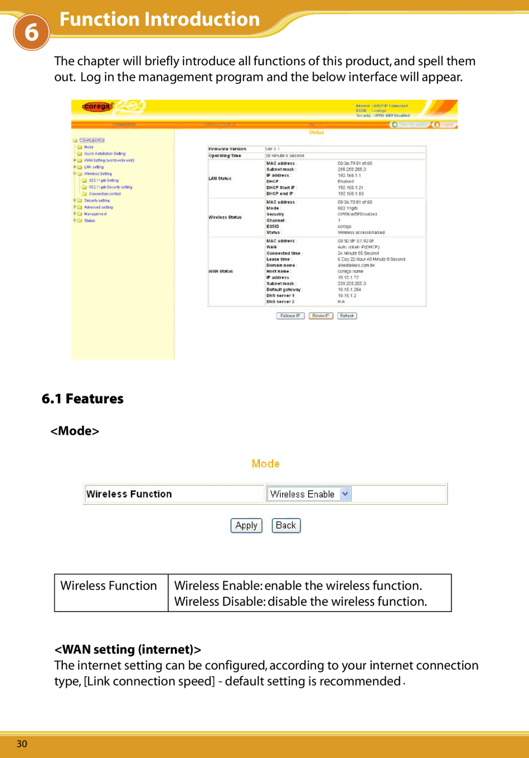 Allied Telesis CG-WLBARGS manual WLBARGSFunctionManual Introduction, Features, Mode, WAN setting internet 