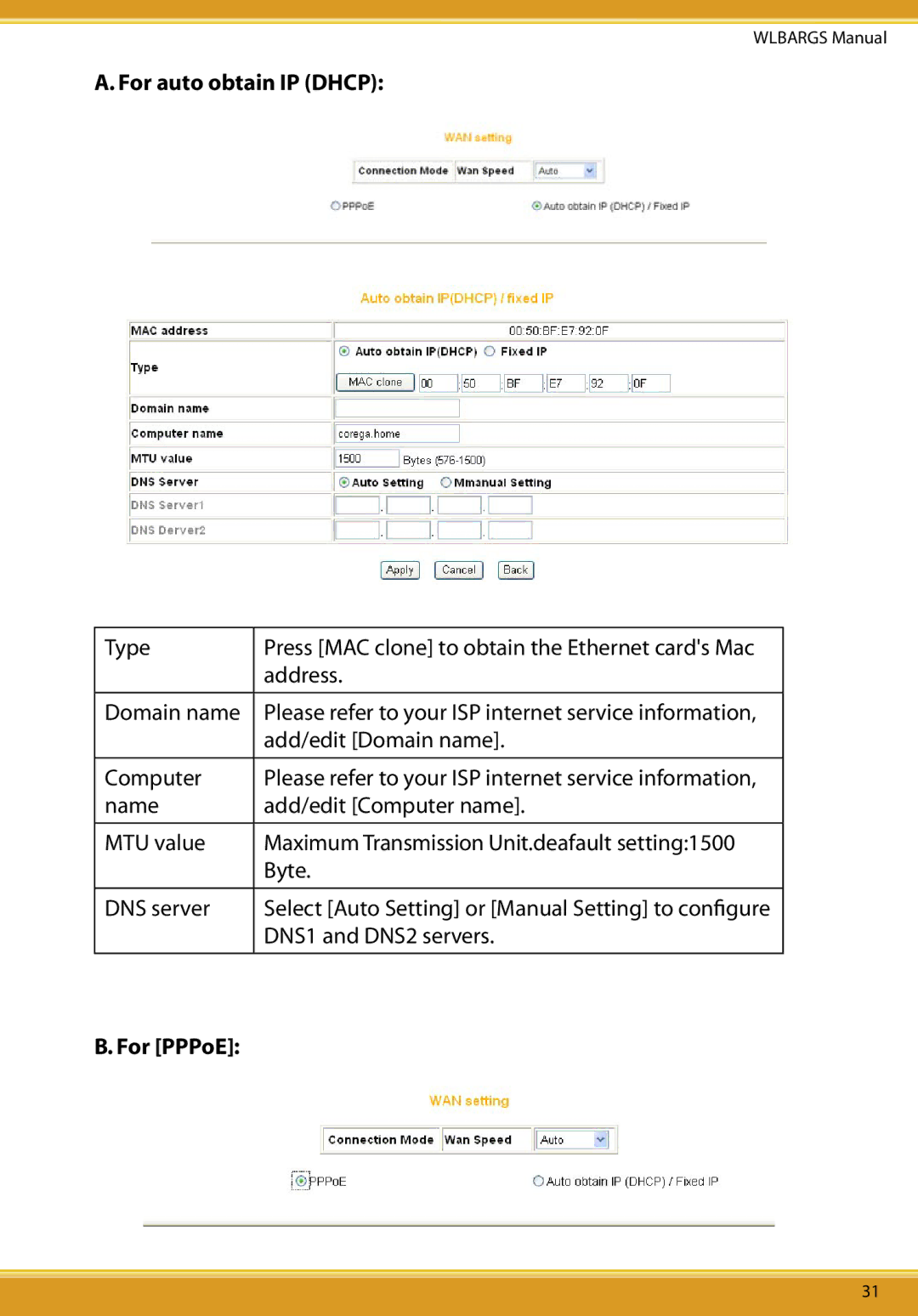 Allied Telesis CG-WLBARGS manual For auto obtain IP Dhcp, For PPPoE 