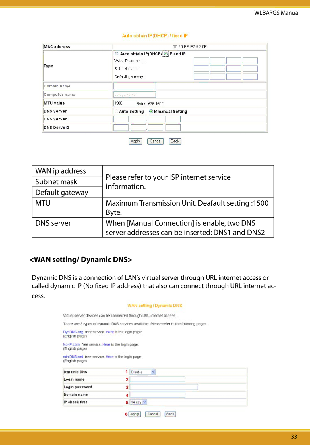 Allied Telesis CG-WLBARGS manual Mtu, WAN setting/ Dynamic DNS 