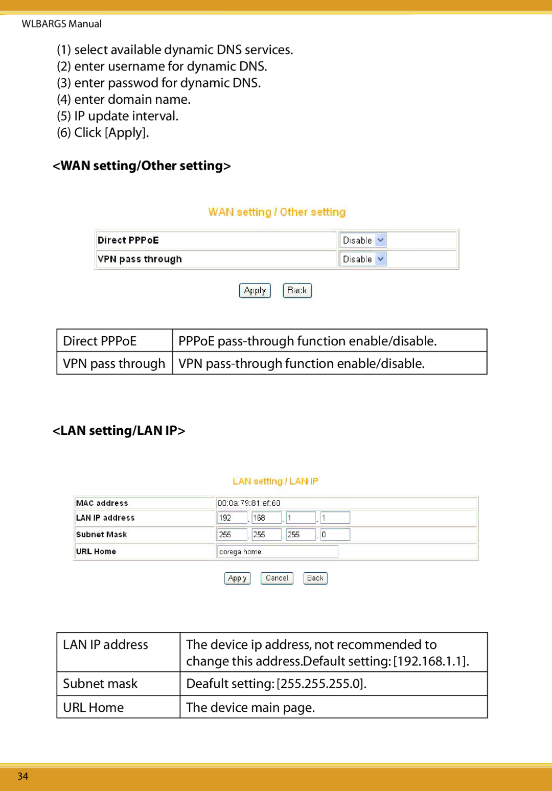 Allied Telesis CG-WLBARGS manual WAN setting/Other setting, LAN setting/LAN IP 