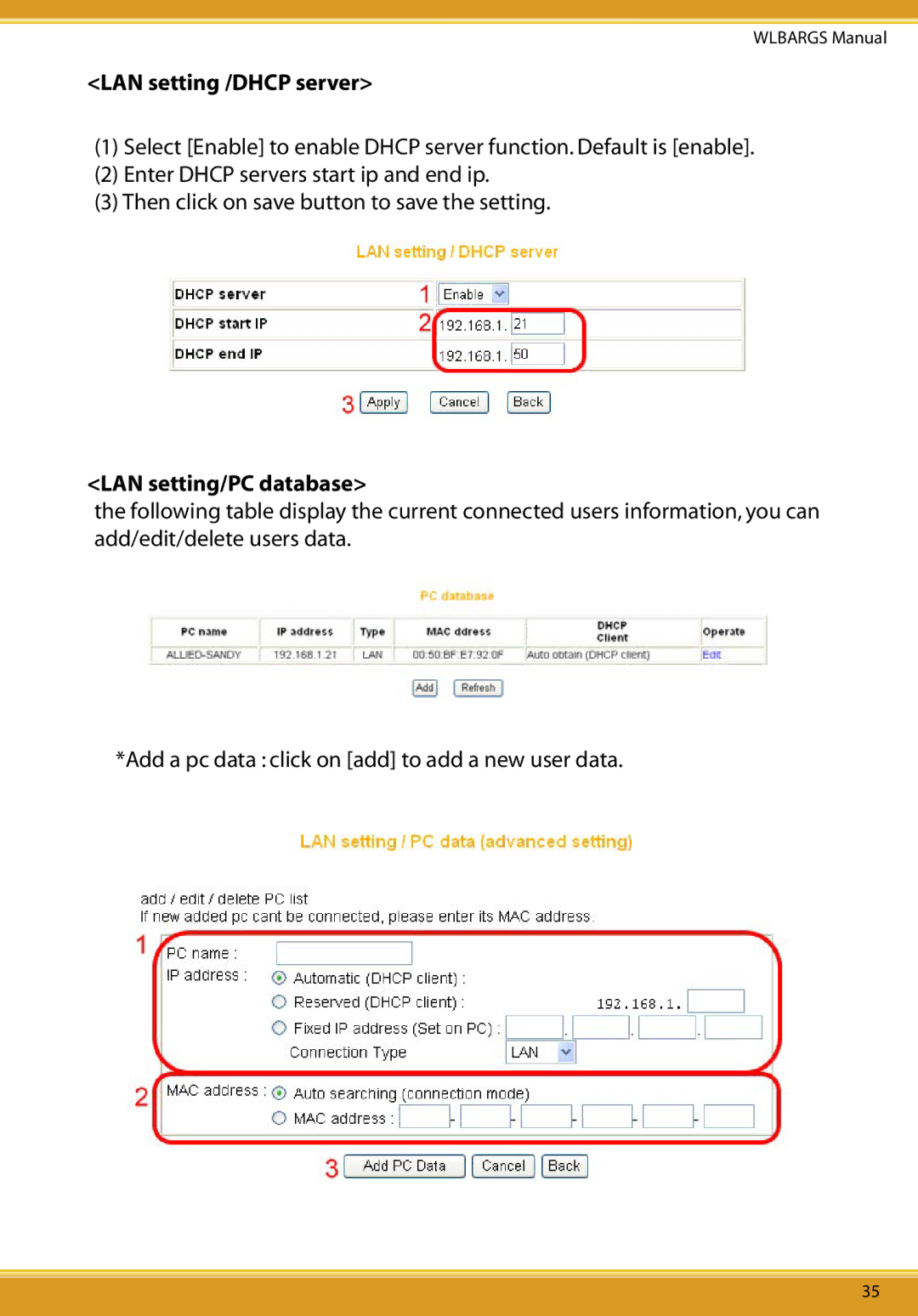 Allied Telesis CG-WLBARGS manual LAN setting /DHCP server, LAN setting/PC database 