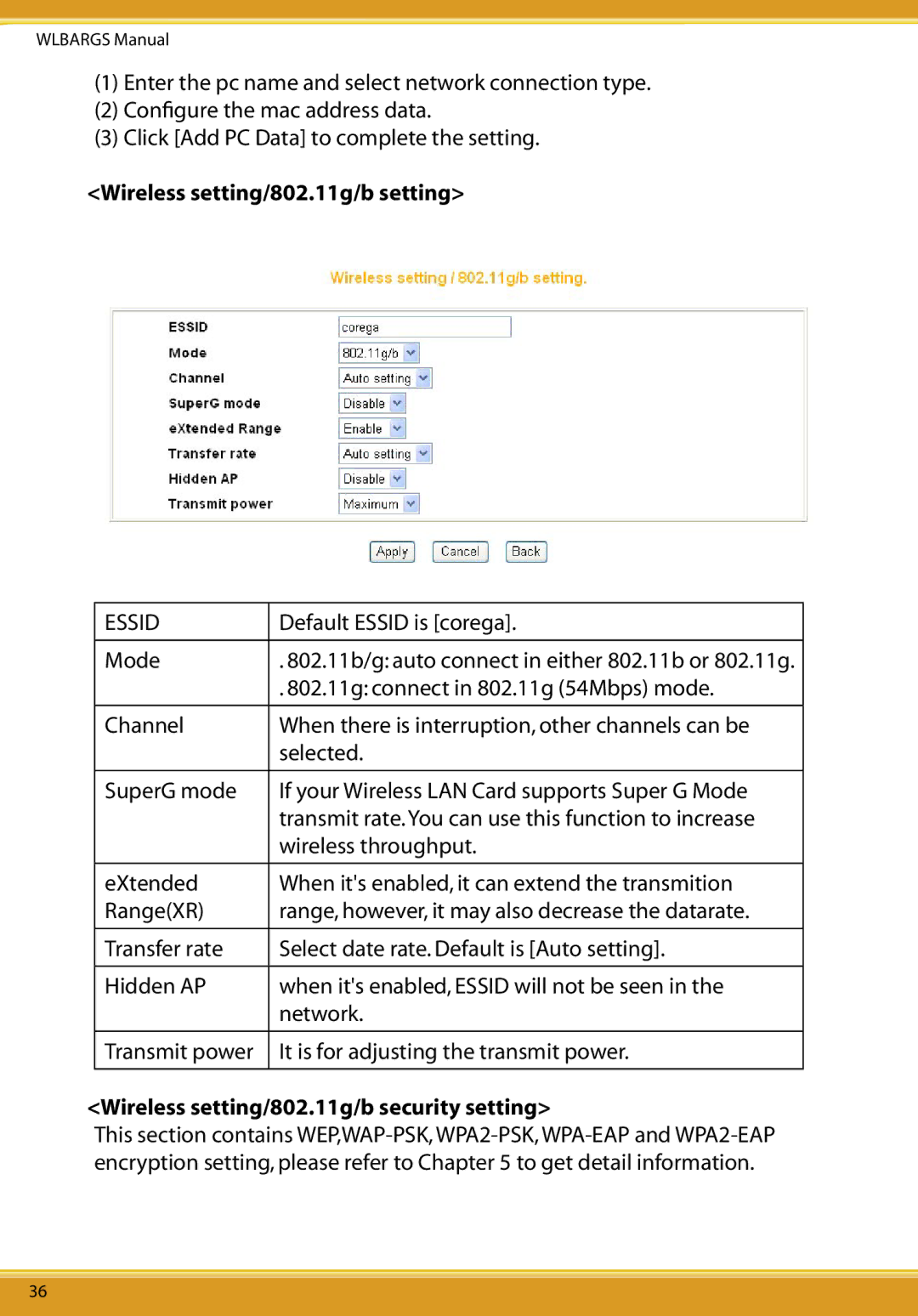 Allied Telesis CG-WLBARGS manual Wireless setting/802.11g/b setting, Wireless setting/802.11g/b security setting 