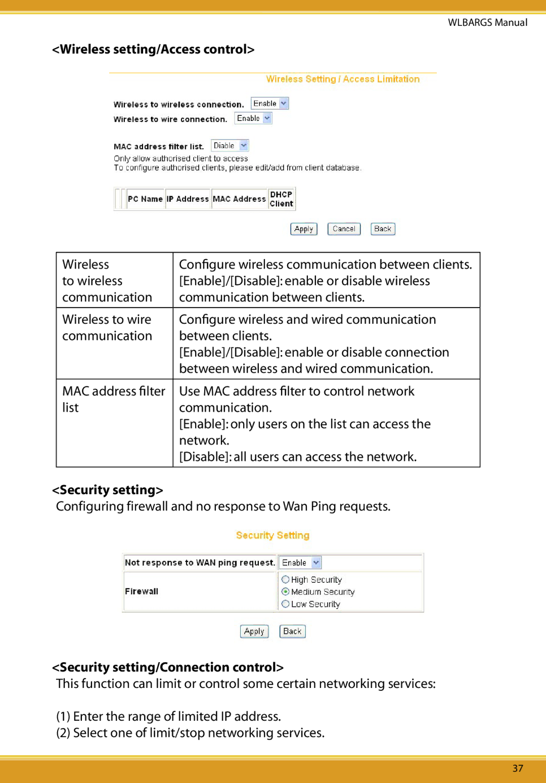 Allied Telesis CG-WLBARGS manual Wireless setting/Access control, Security setting/Connection control 