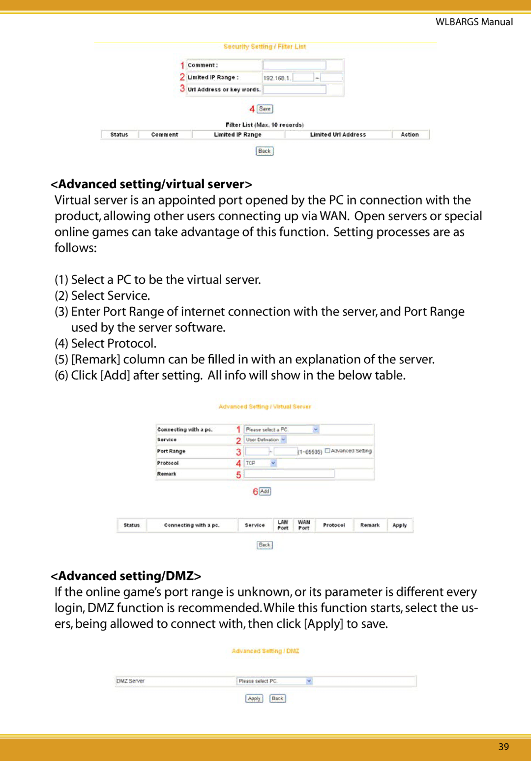 Allied Telesis CG-WLBARGS manual Advanced setting/virtual server, Advanced setting/DMZ 