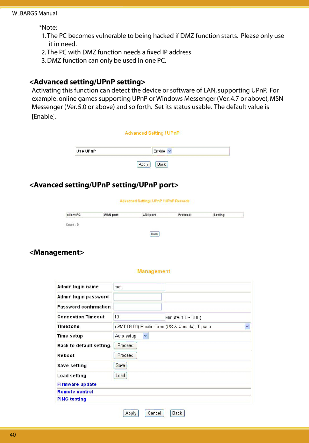 Allied Telesis CG-WLBARGS manual Advanced setting/UPnP setting, Avanced setting/UPnP setting/UPnP port Management 