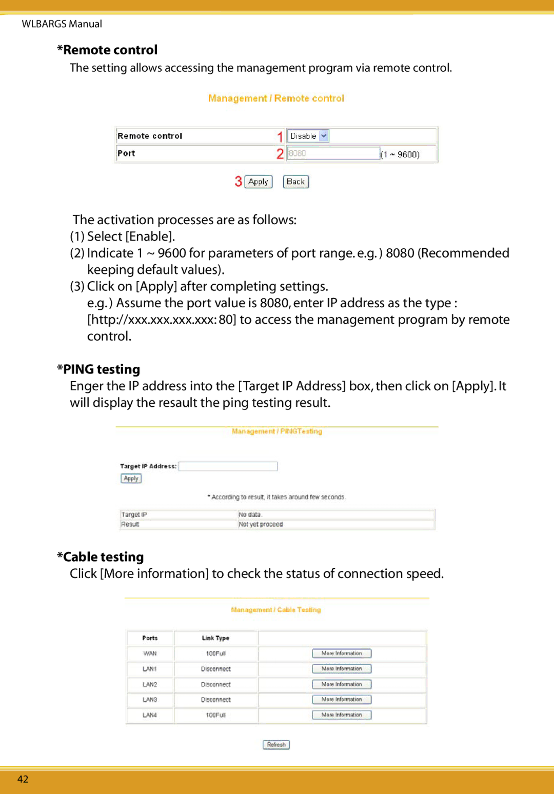 Allied Telesis CG-WLBARGS manual Remote control, Ping testing, Cable testing 