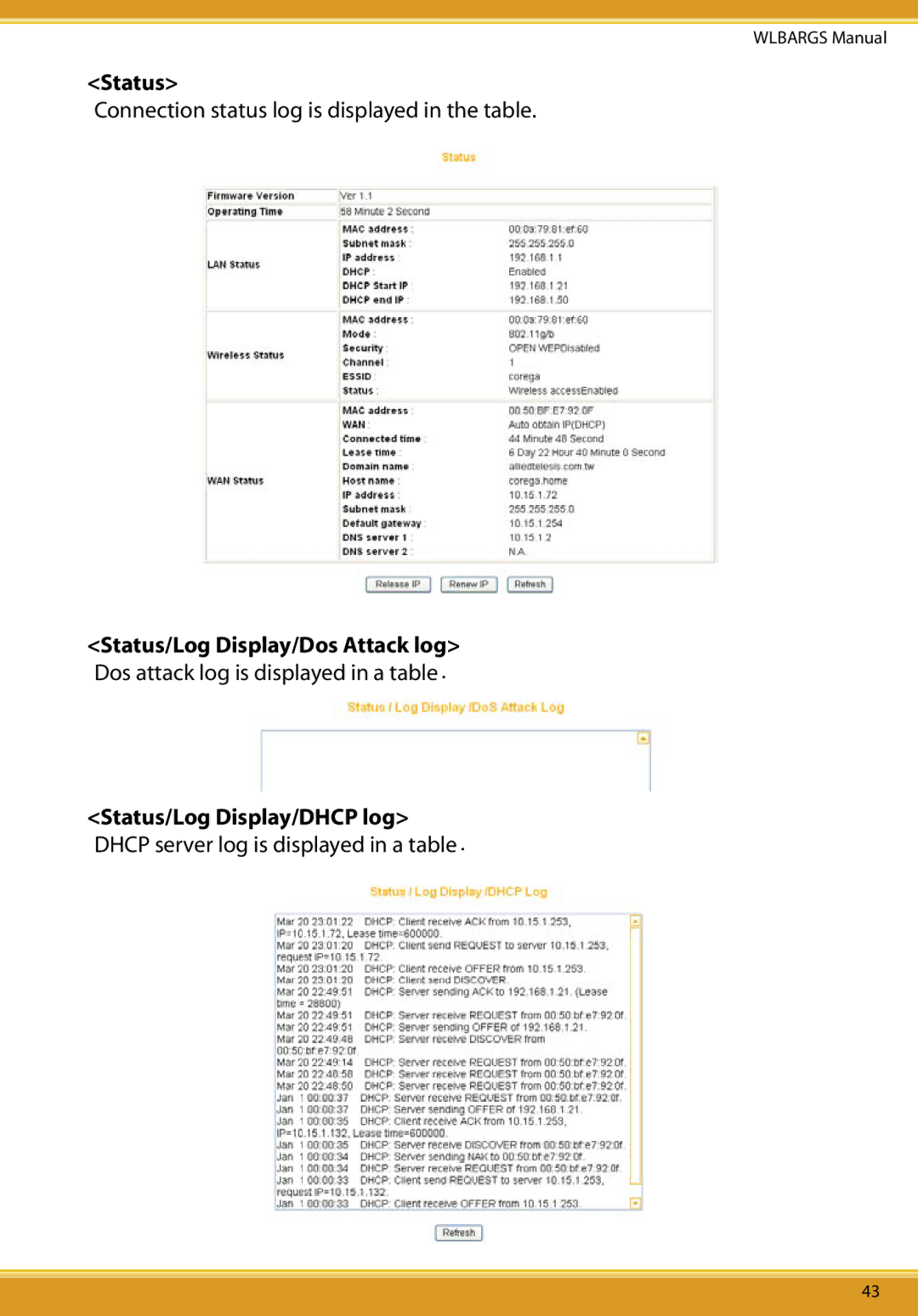 Allied Telesis CG-WLBARGS manual Status/Log Display/Dos Attack log, Status/Log Display/DHCP log 