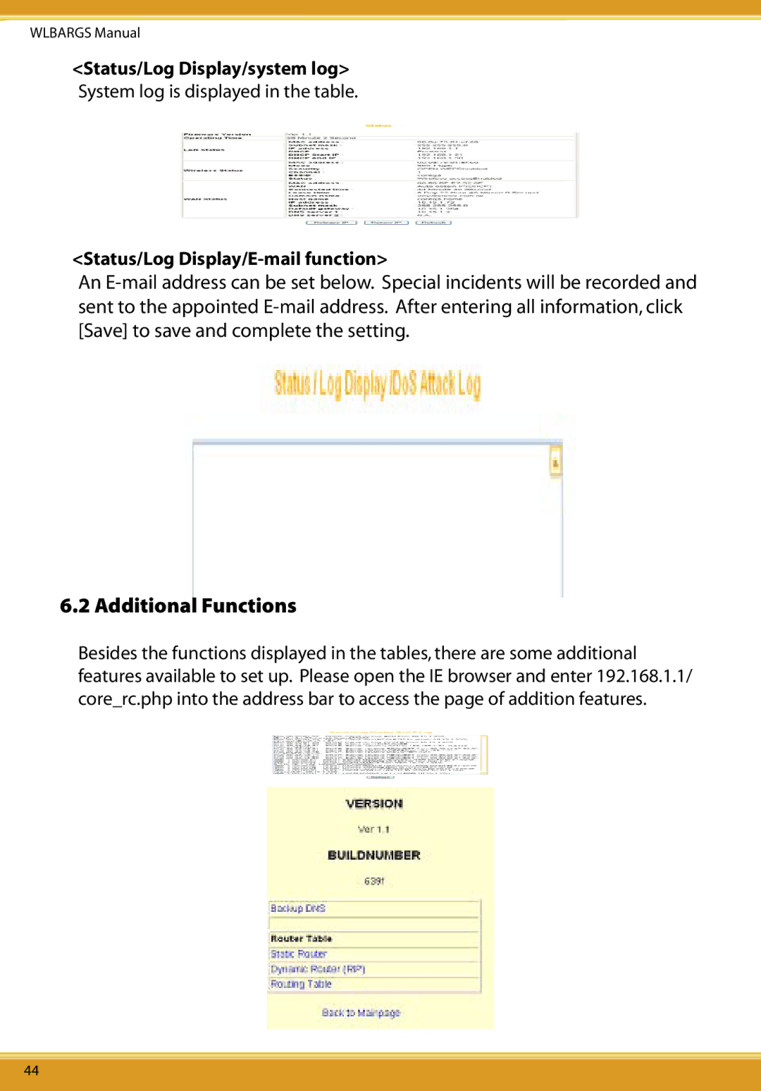 Allied Telesis CG-WLBARGS manual Additional Functions, Status/Log Display/system log, Status/Log Display/E-mail function 