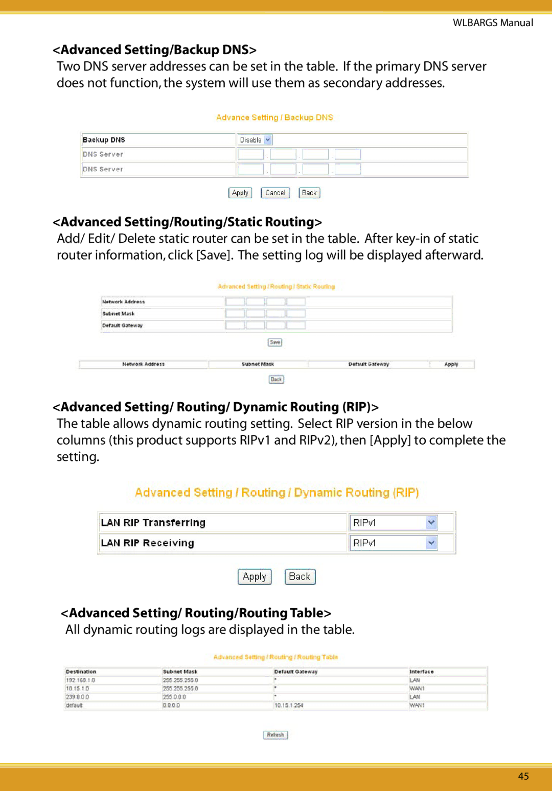 Allied Telesis CG-WLBARGS manual Advanced Setting/Backup DNS, Advanced Setting/Routing/Static Routing 