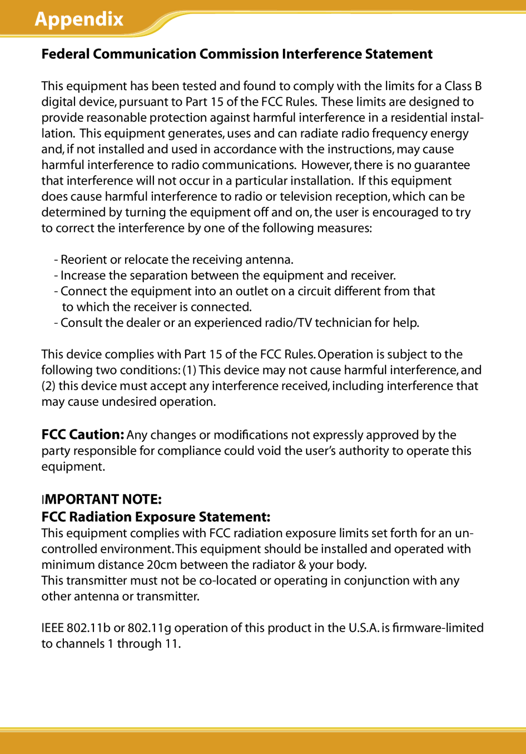 Allied Telesis CG-WLBARGS manual Federal Communication Commission Interference Statement, FCC Radiation Exposure Statement 