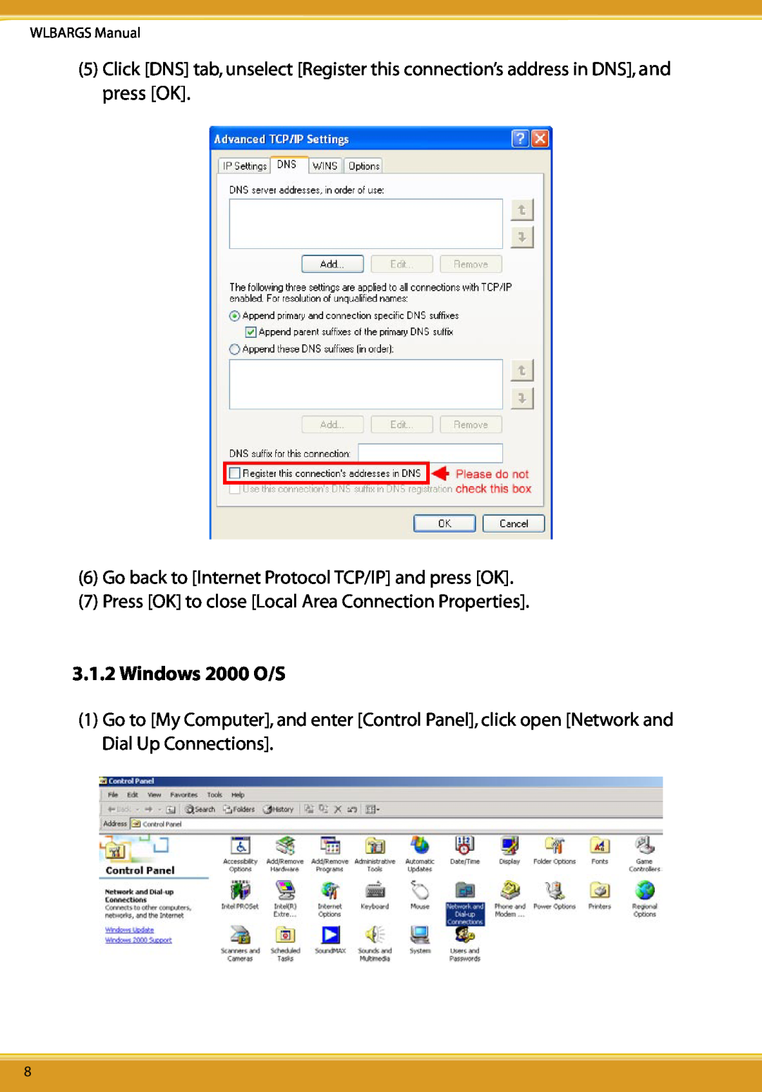 Allied Telesis CG-WLBARGS manual Windows 2000 O/S, Go back to Internet Protocol TCP/IP and press OK, WLBARGS Manual 