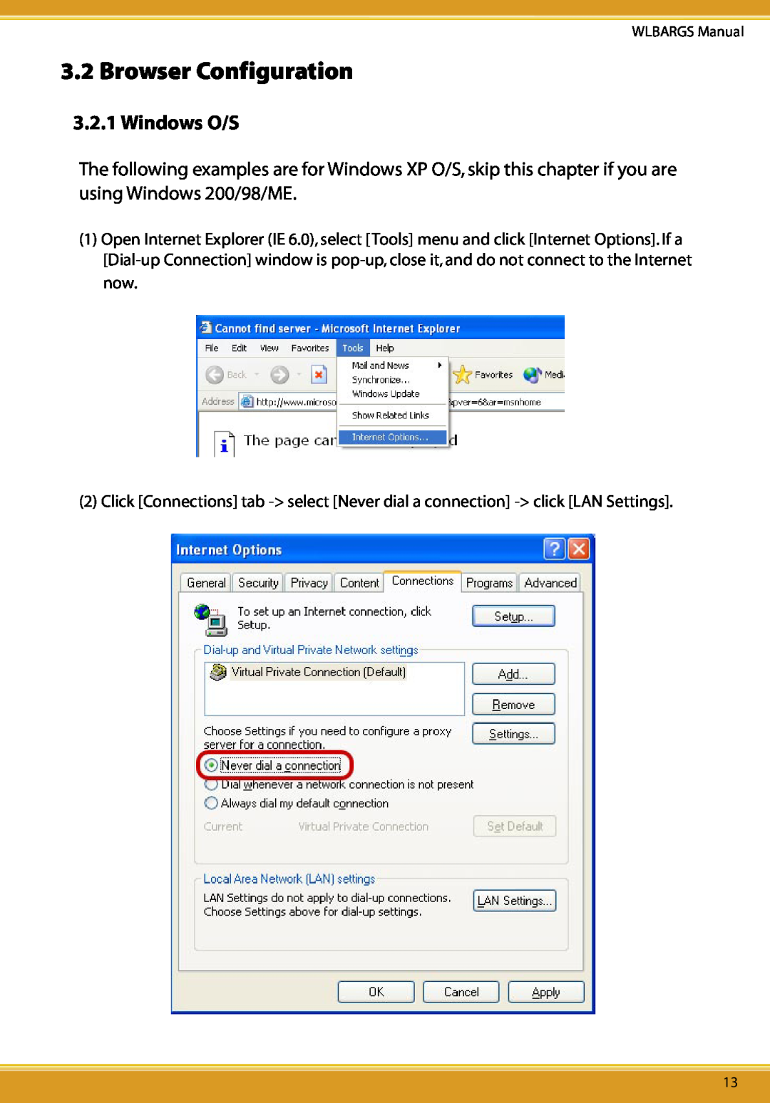 Allied Telesis CG-WLBARGS manual Browser Configuration, Windows O/S 