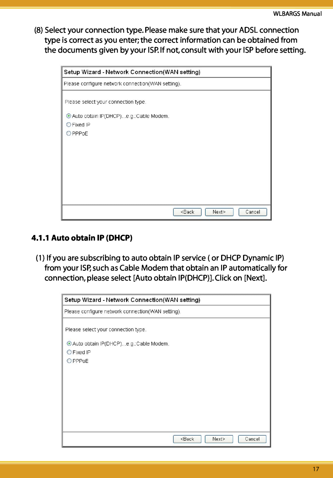 Allied Telesis CG-WLBARGS manual Auto obtain IP DHCP 