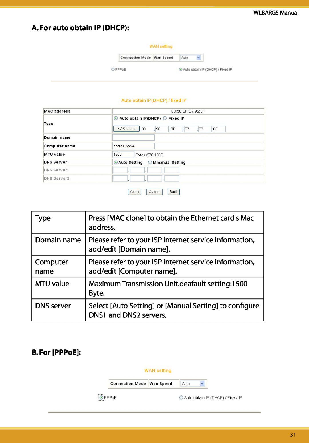 Allied Telesis CG-WLBARGS manual A. For auto obtain IP DHCP, B. For PPPoE 
