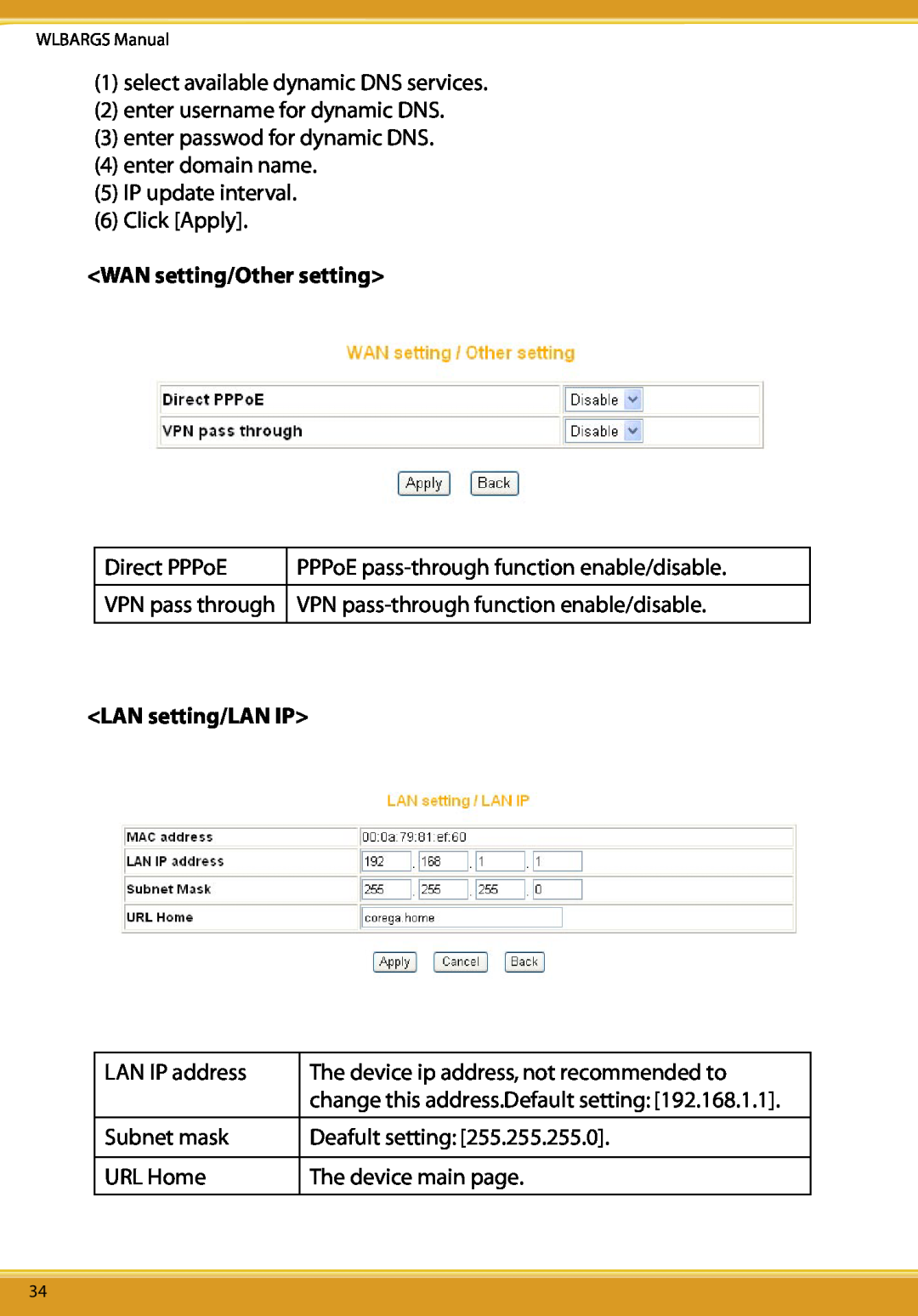 Allied Telesis CG-WLBARGS manual WAN setting/Other setting, LAN setting/LAN IP, VPN pass through 