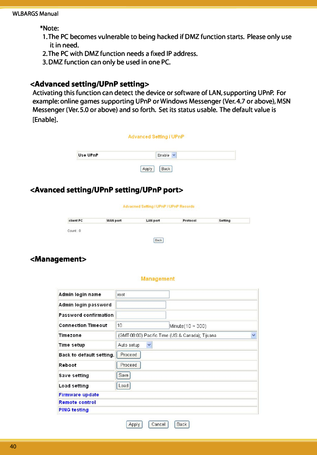 Allied Telesis CG-WLBARGS manual Advanced setting/UPnP setting, Avanced setting/UPnP setting/UPnP port Management, Enable 