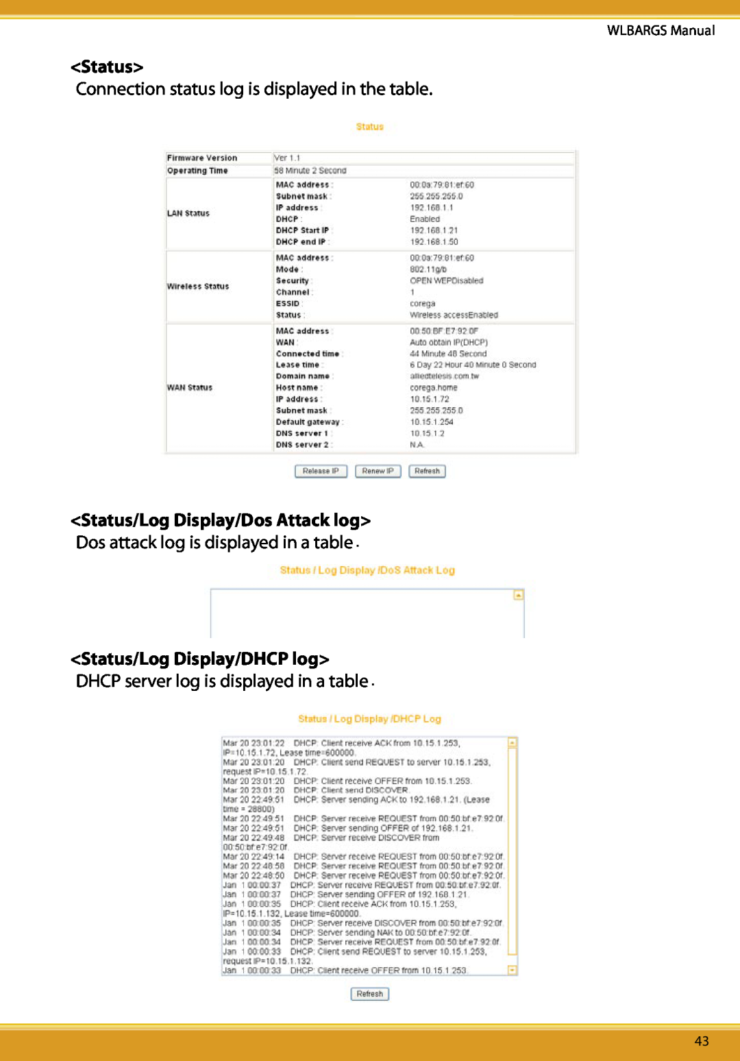 Allied Telesis CG-WLBARGS manual Status/Log Display/Dos Attack log, Status/Log Display/DHCP log, WLBARGS Manual 