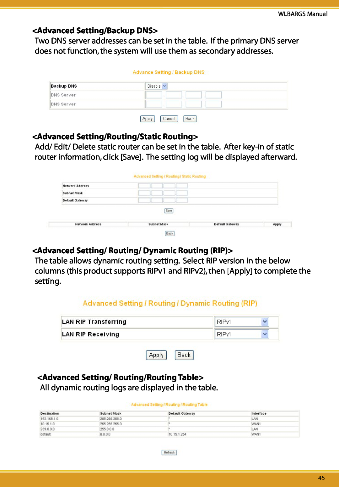 Allied Telesis CG-WLBARGS manual Advanced Setting/Backup DNS, Advanced Setting/Routing/Static Routing 