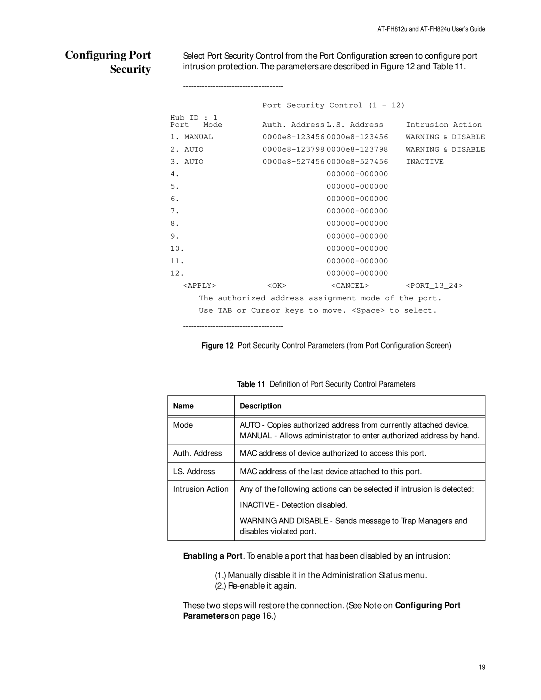 Allied Telesis fast ethernet 10/100 hubs manual Configuring Port Security, Definition of Port Security Control Parameters 