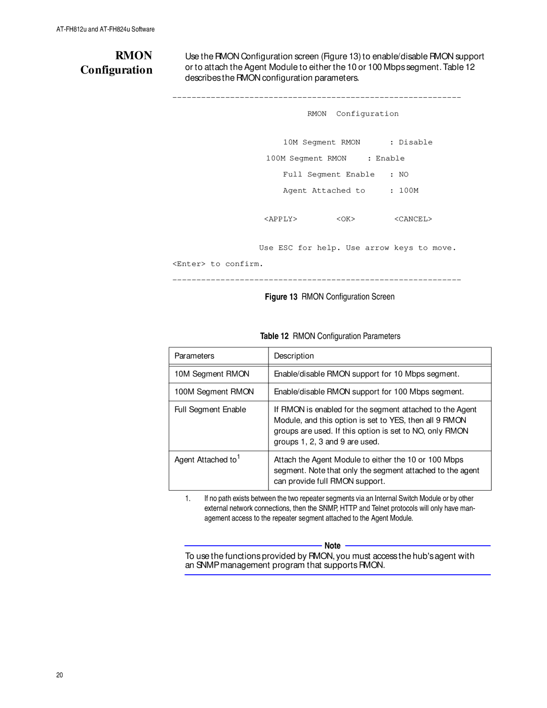 Allied Telesis fast ethernet 10/100 hubs Rmon Configuration Parameters, Enable/disable Rmon support for 100 Mbps segment 