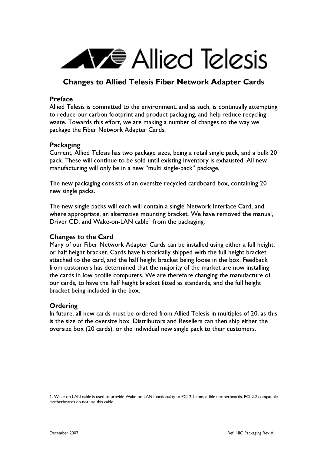 Allied Telesis manual Changes to Allied Telesis Fiber Network Adapter Cards 