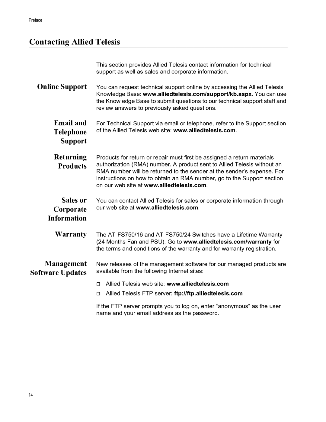 Allied Telesis AT-FS750/16, AT-FS750/24 manual Contacting Allied Telesis, Management Software Updates 