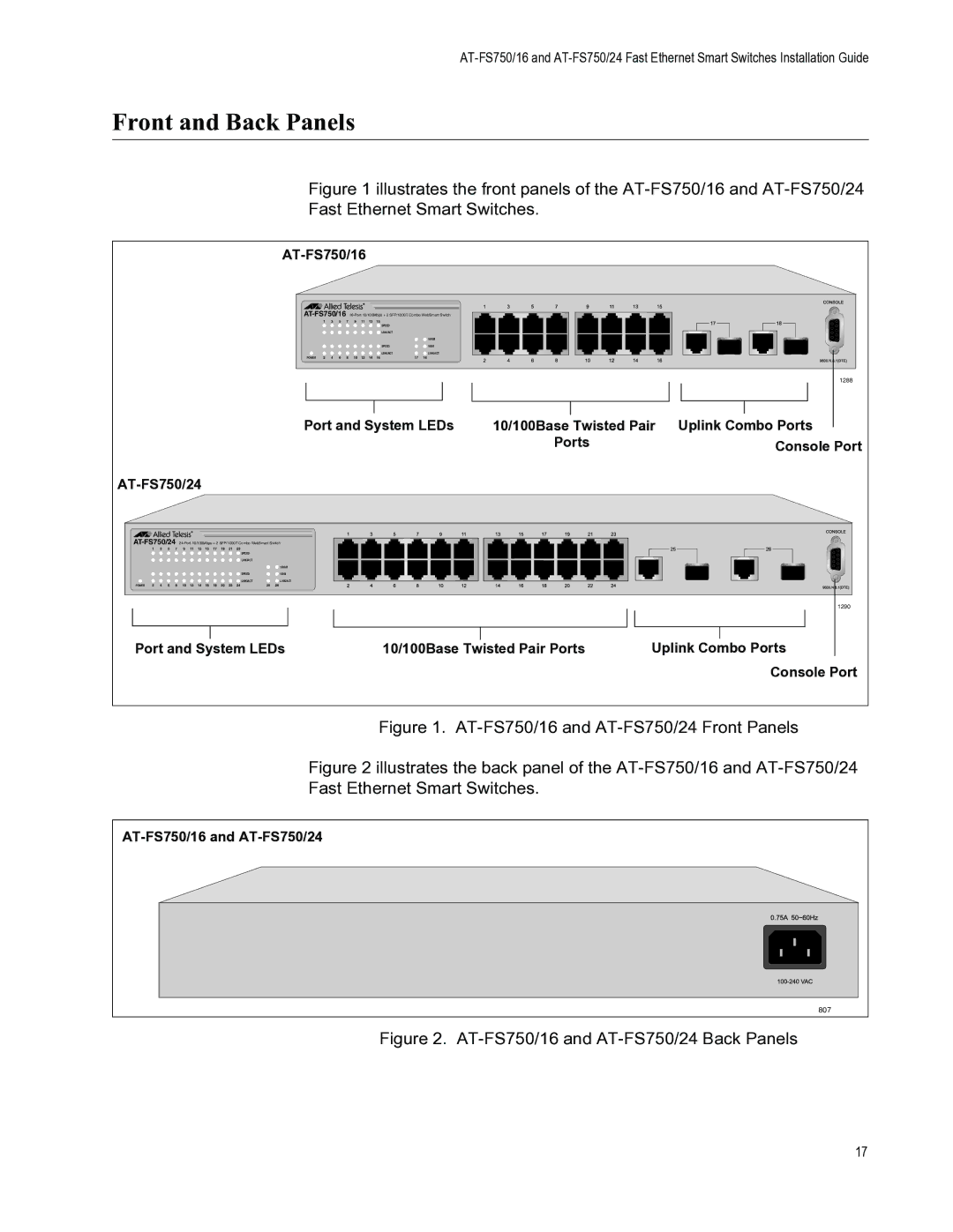 Allied Telesis AT-FS750/24 manual Front and Back Panels, AT-FS750/16 