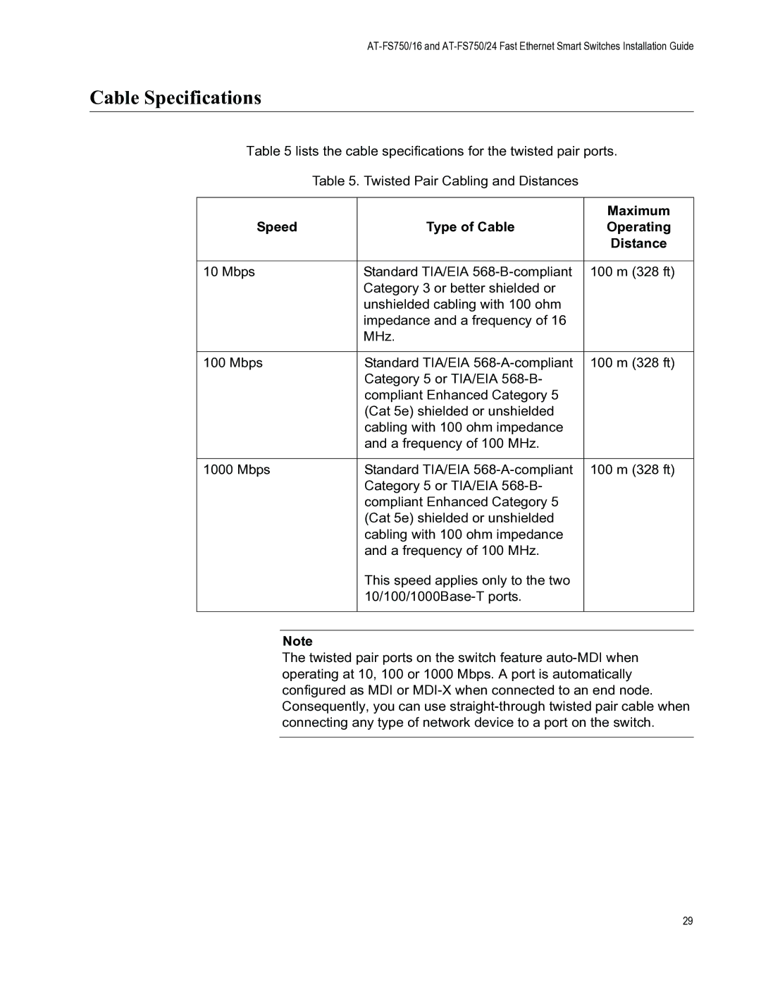 Allied Telesis AT-FS750/16, AT-FS750/24 manual Cable Specifications, Maximum, Speed Type of Cable 