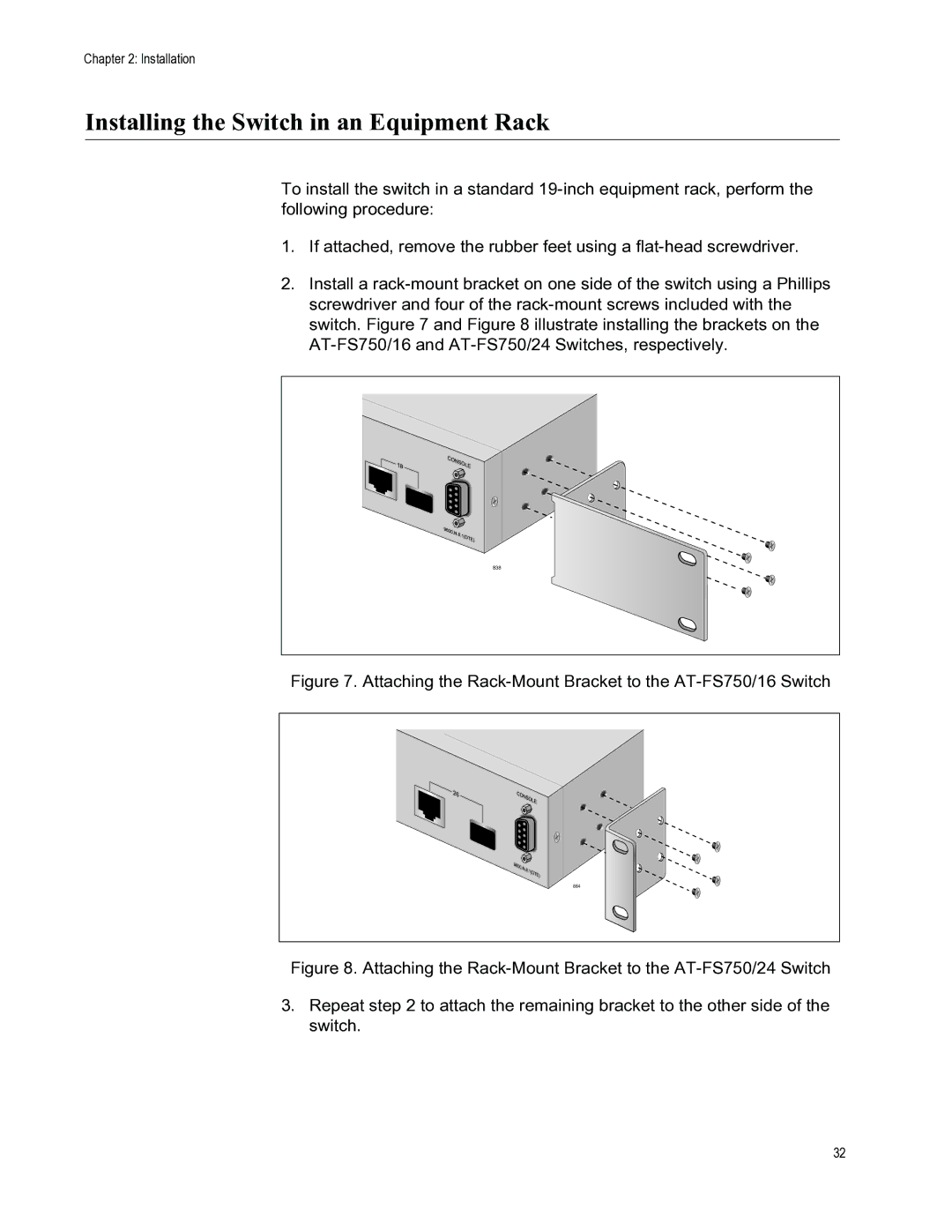 Allied Telesis AT-FS750/16, AT-FS750/24 manual Installing the Switch in an Equipment Rack 