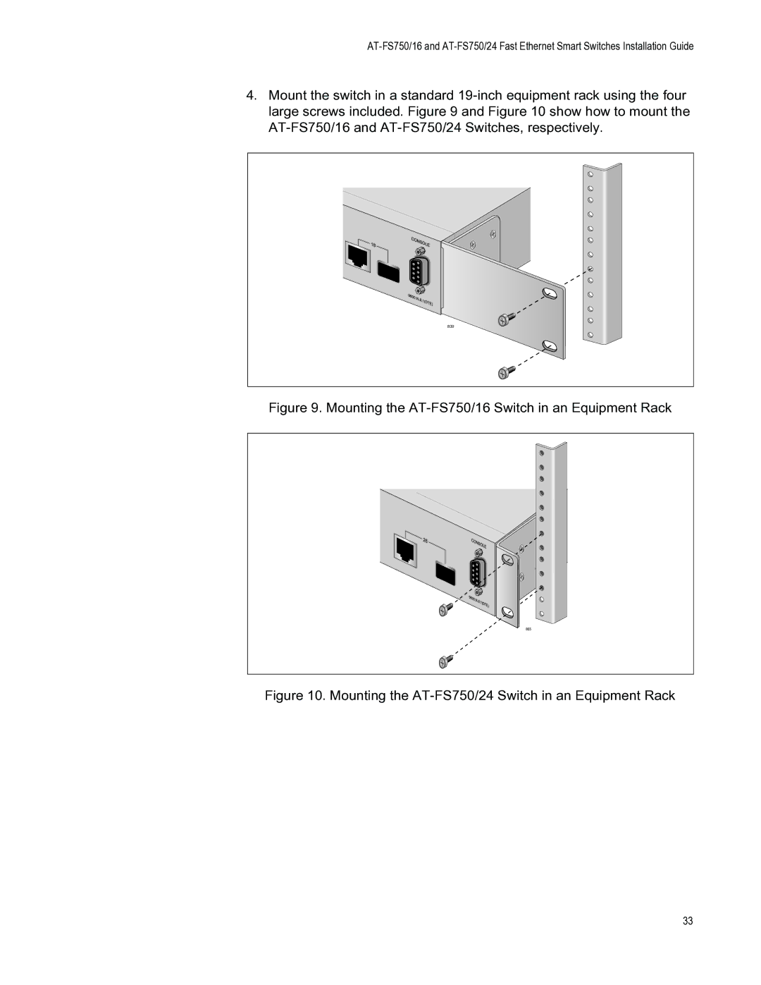 Allied Telesis AT-FS750/24 manual Mounting the AT-FS750/16 Switch in an Equipment Rack 