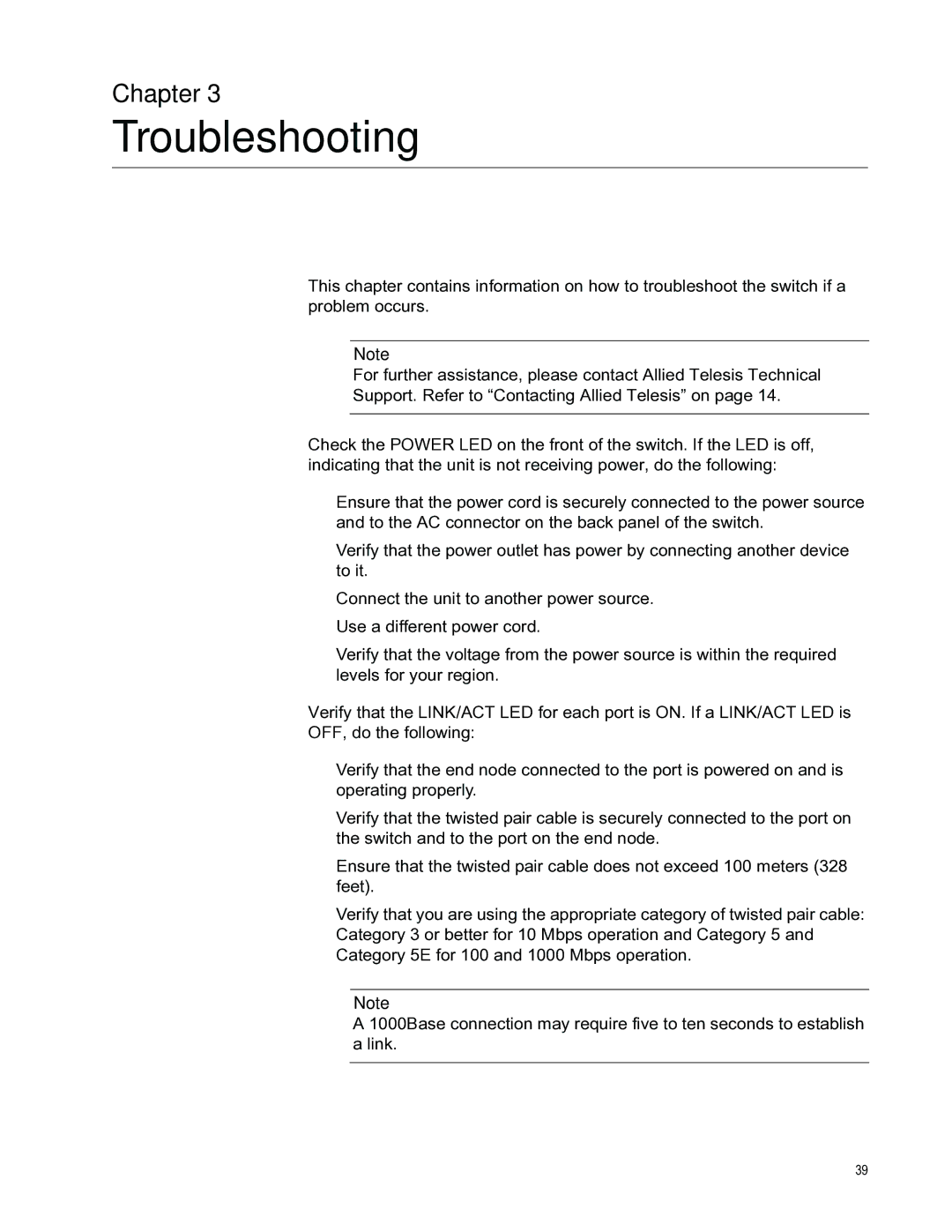 Allied Telesis AT-FS750/24, AT-FS750/16 manual Troubleshooting, Chapter 