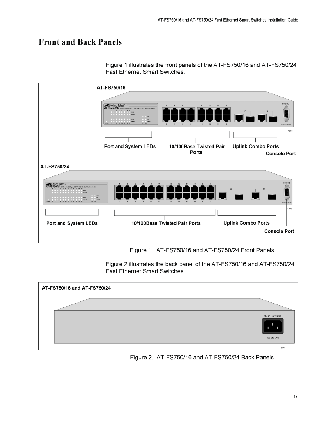 Allied Telesis FS750/24 manual Front and Back Panels, AT-FS750/16 16-Port 10/100Mbps + 2 SFP/1000T Combo WebSmart Switch 