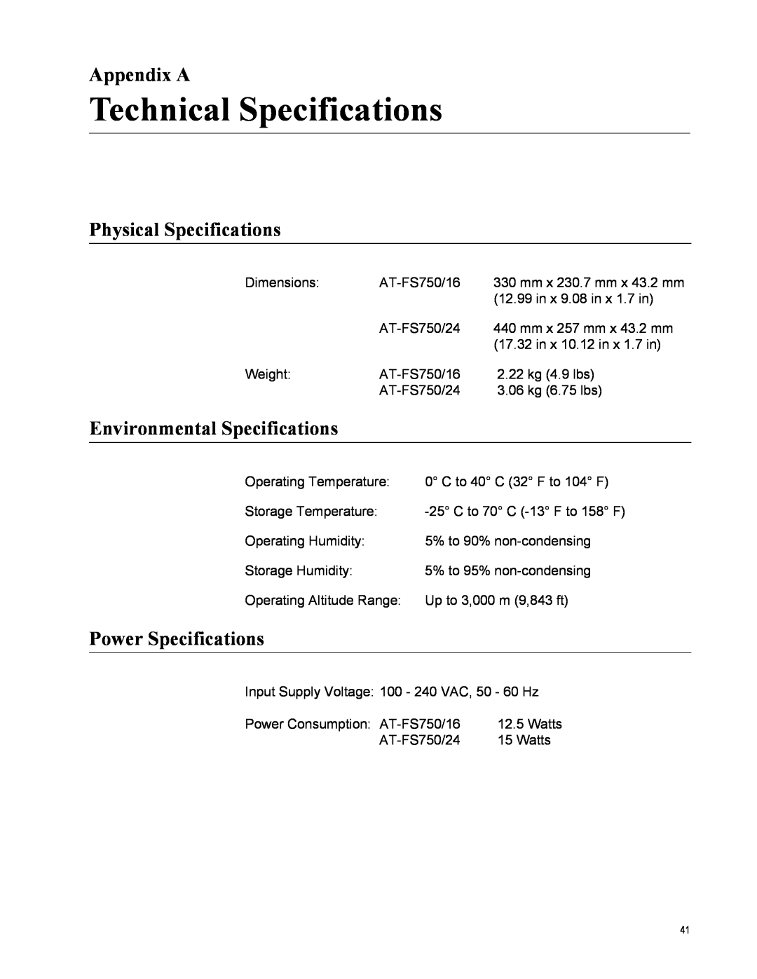Allied Telesis FS750/24 manual Technical Specifications, Appendix A, Physical Specifications, Environmental Specifications 