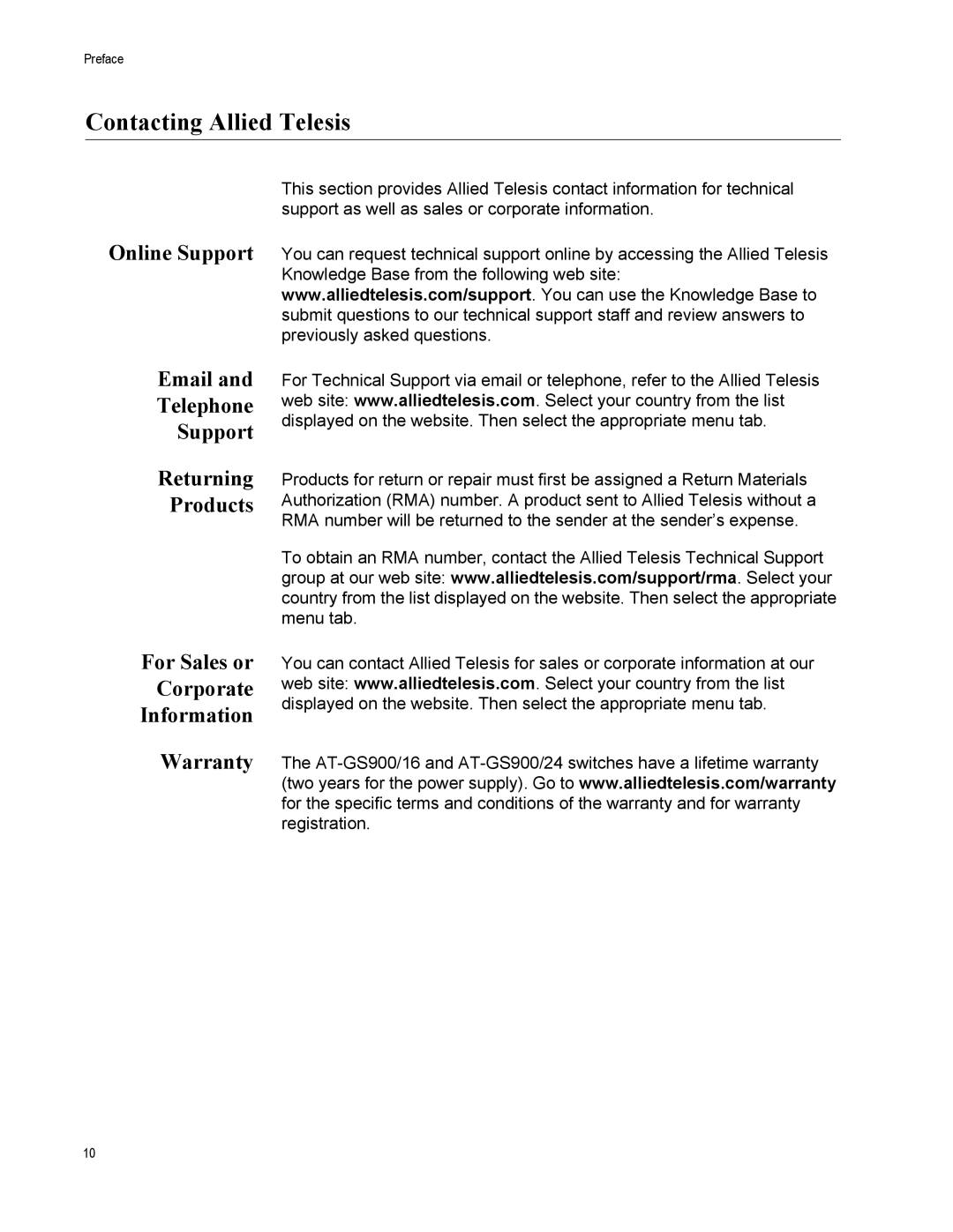 Allied Telesis GS900/5E manual Contacting Allied Telesis, Warranty 
