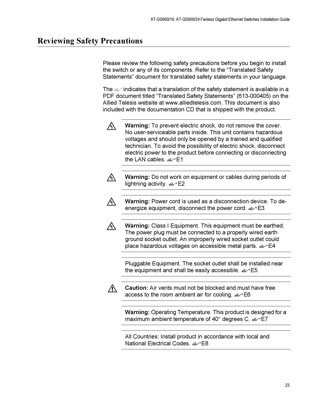 Allied Telesis GS900/5E manual Reviewing Safety Precautions 