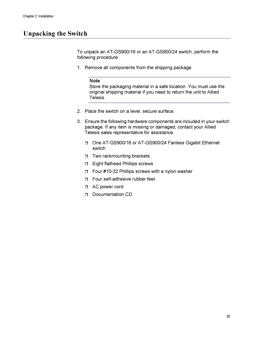 Allied Telesis GS900/5E manual Unpacking the Switch 