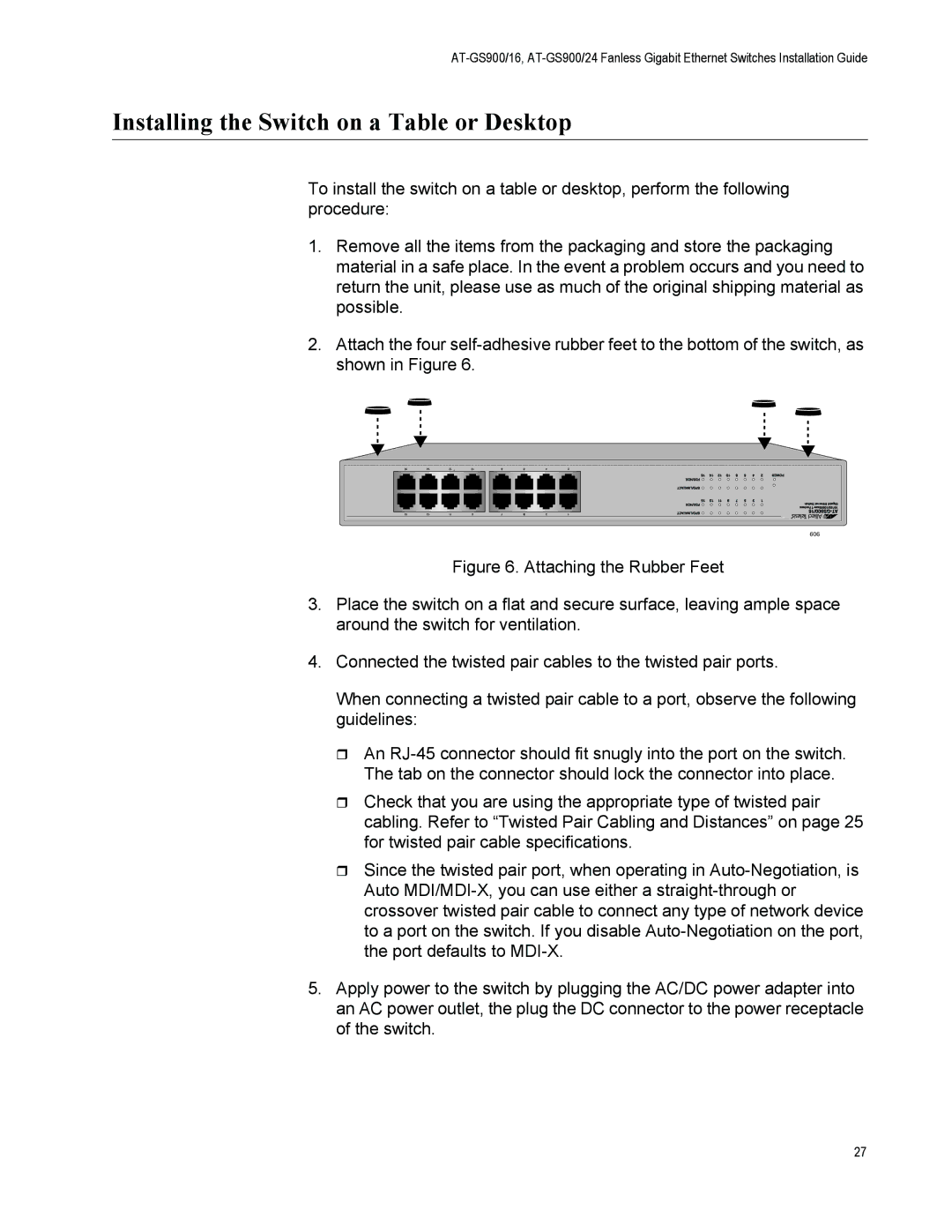 Allied Telesis GS900/5E manual Installing the Switch on a Table or Desktop 