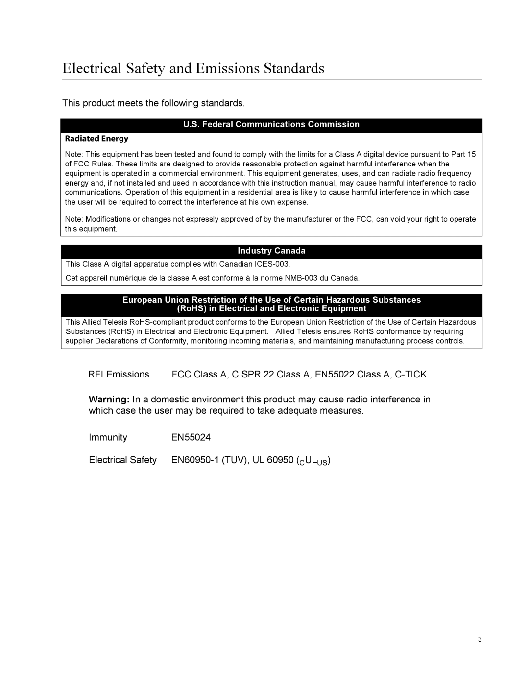 Allied Telesis GS900/5E manual Electrical Safety and Emissions Standards 