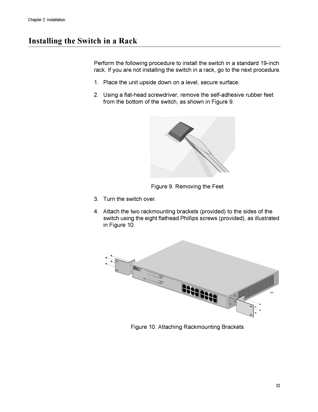 Allied Telesis GS900/5E manual Installing the Switch in a Rack, Attaching Rackmounting Brackets 