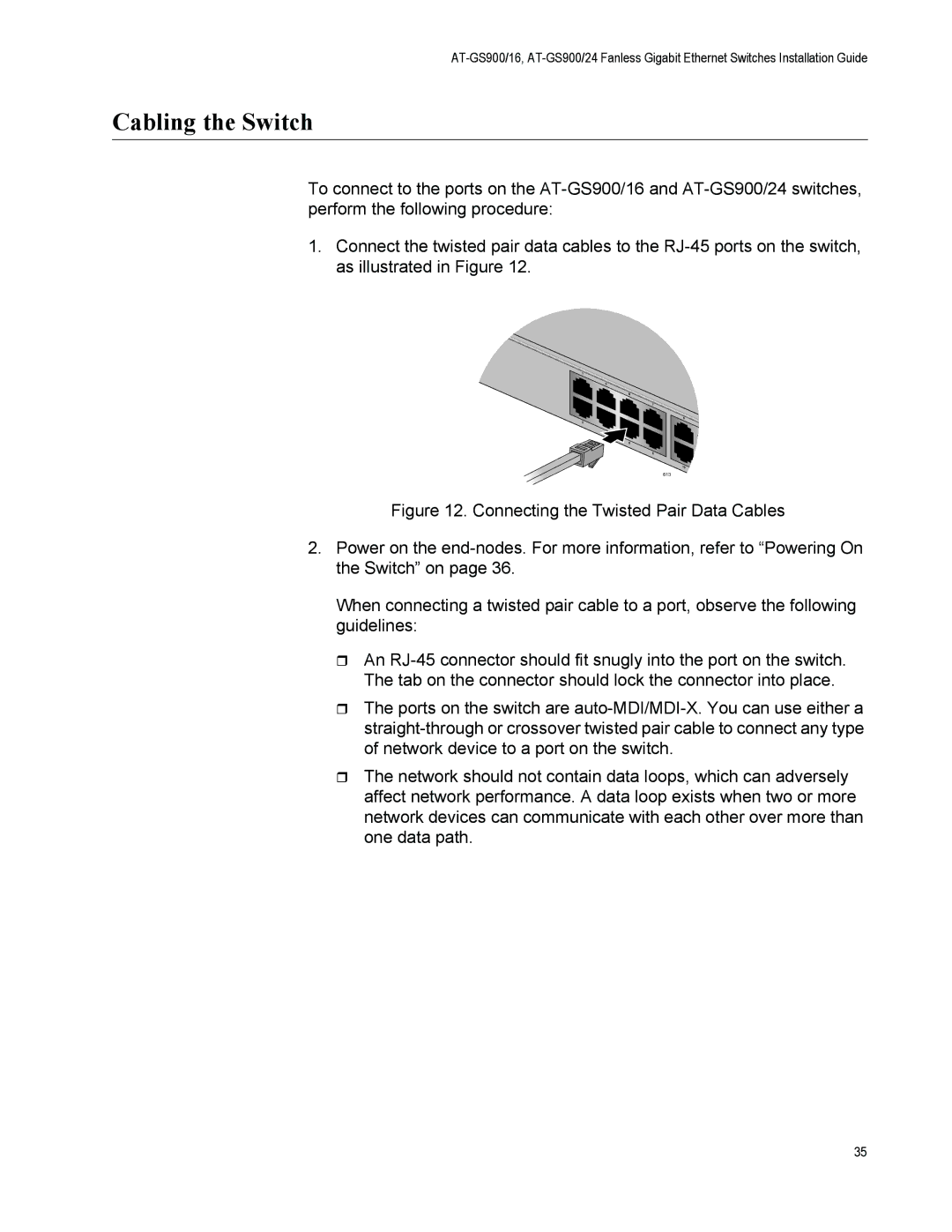 Allied Telesis GS900/5E manual Cabling the Switch 