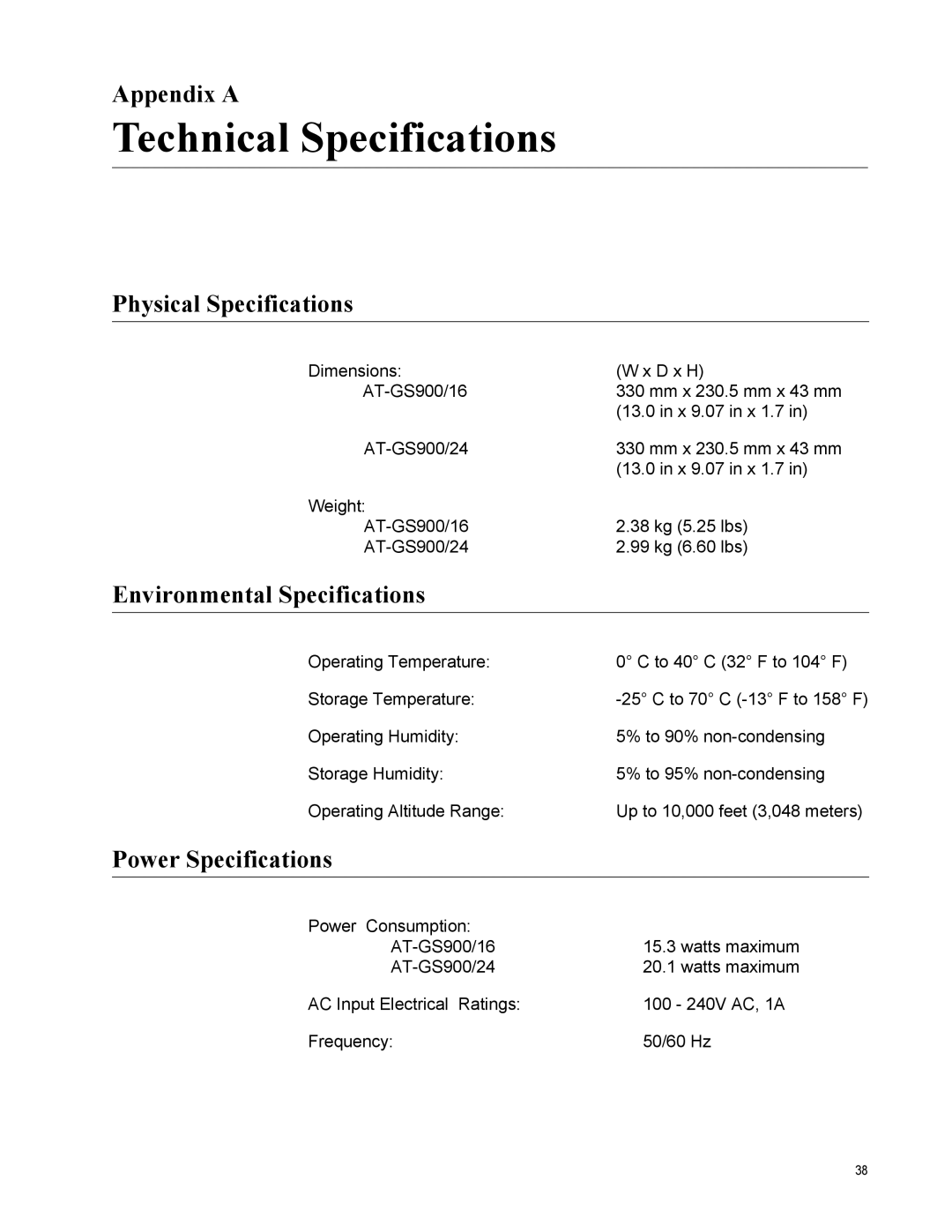 Allied Telesis GS900/5E manual Technical Specifications, Appendix a, Physical Specifications, Environmental Specifications 