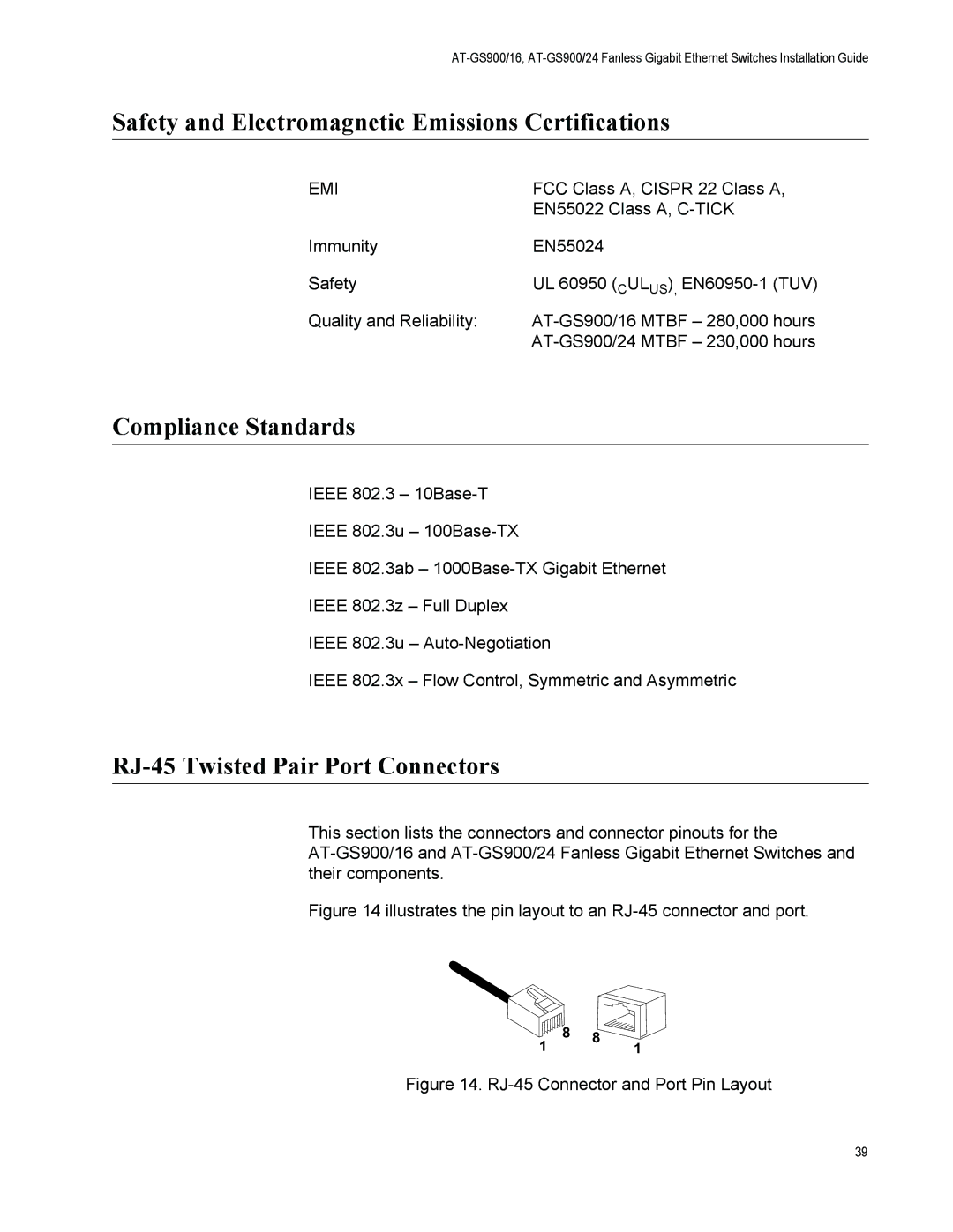 Allied Telesis GS900/5E manual Safety and Electromagnetic Emissions Certifications, Compliance Standards 