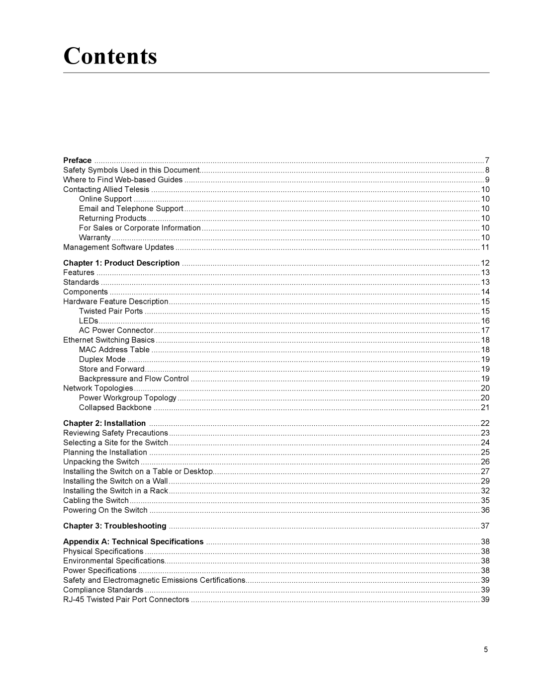 Allied Telesis GS900/5E manual Contents 