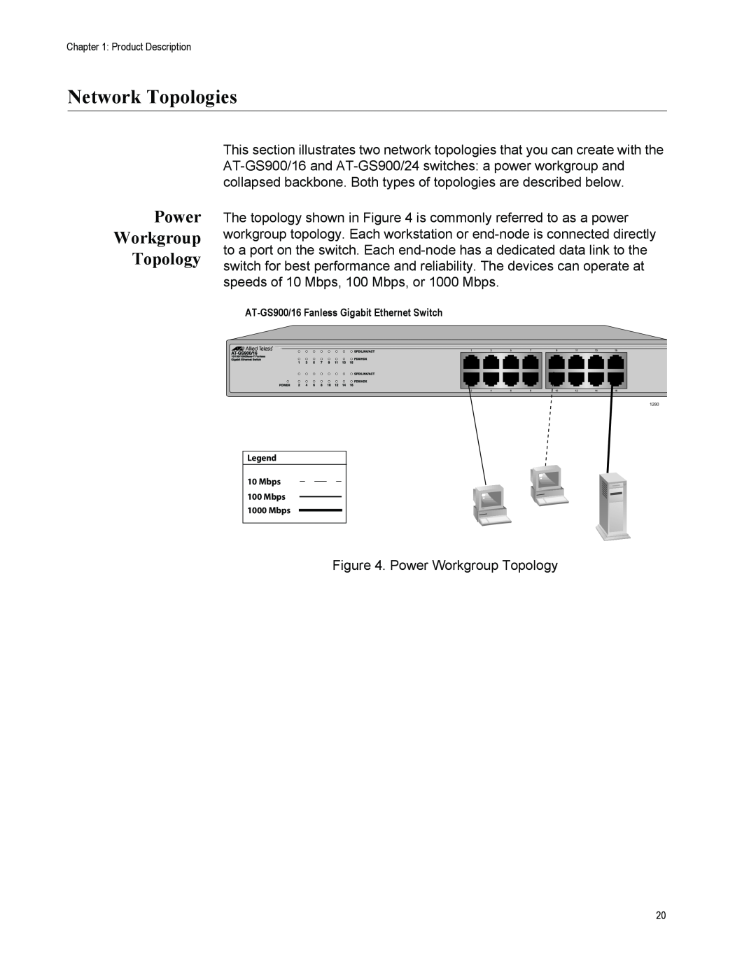 Allied Telesis GS900/5E manual Network Topologies, Power Workgroup Topology 