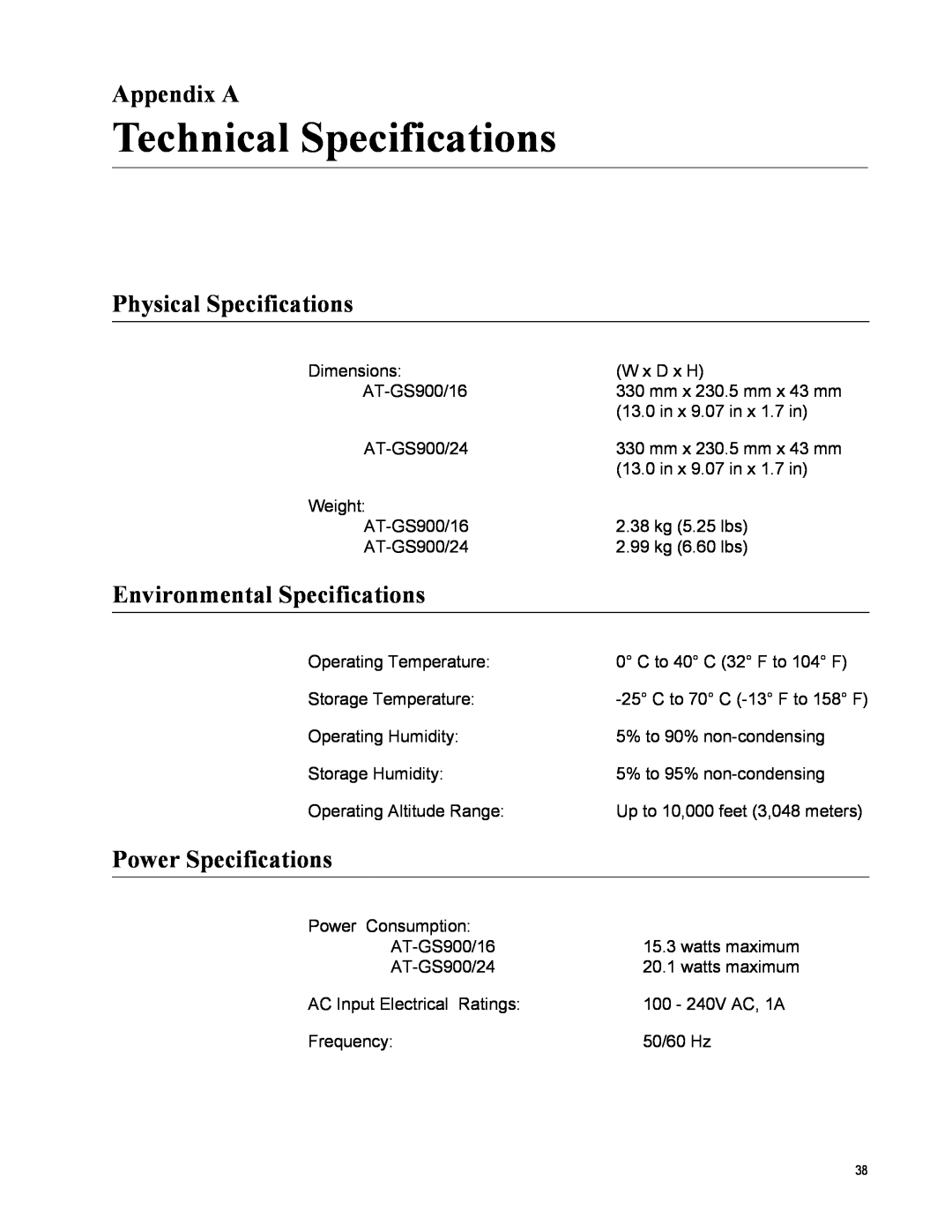 Allied Telesis GS900/5E manual Technical Specifications, Appendix A, Physical Specifications, Environmental Specifications 
