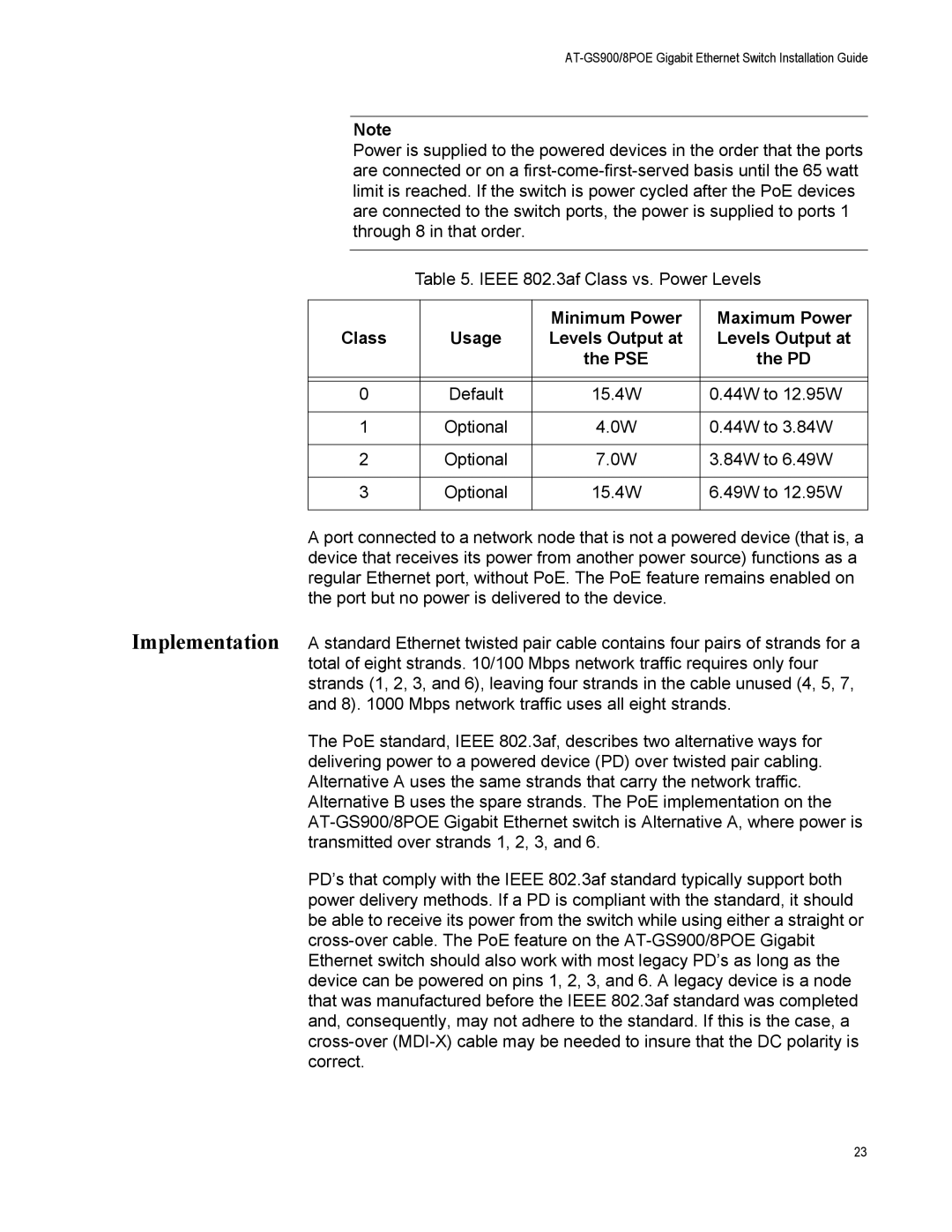 Allied Telesis GS900/8POE manual Minimum Power Maximum Power Class 
