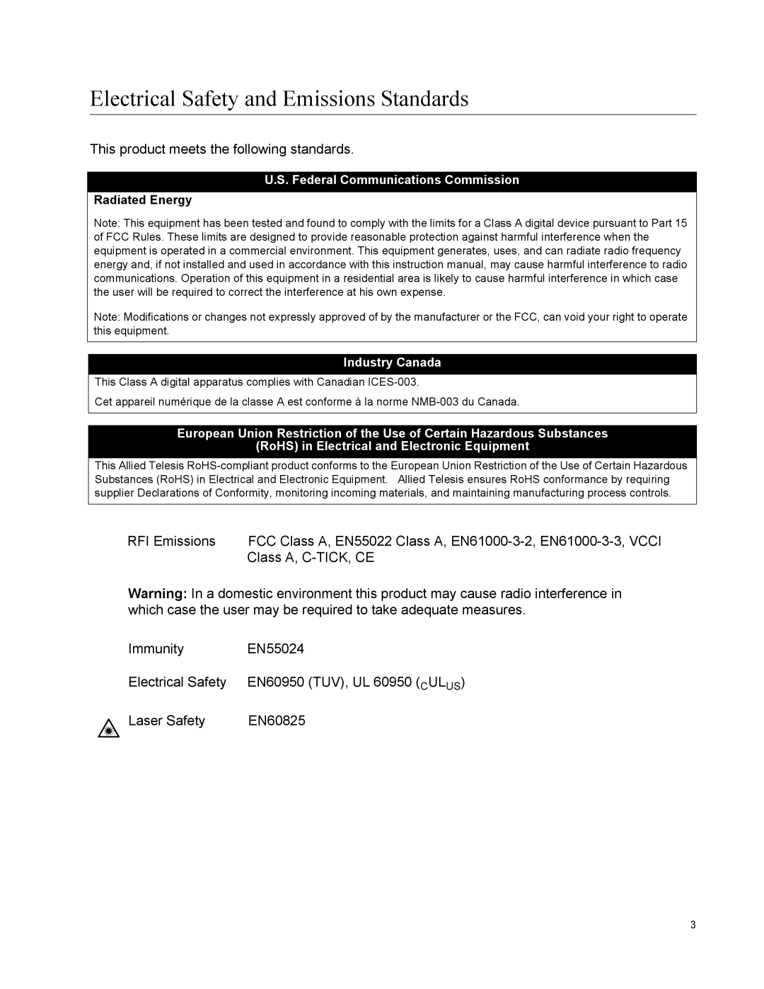 Allied Telesis GS900/8POE manual Electrical Safety and Emissions Standards 